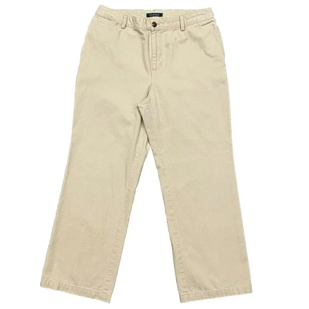 Ralph Lauren Chino Pants Womens 10‎ Wide Leg Straight Beige Casual Work Career